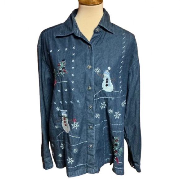 Authentic Original Vintage Style Tops - Vtg Y2K embroidered snowman denim shirt